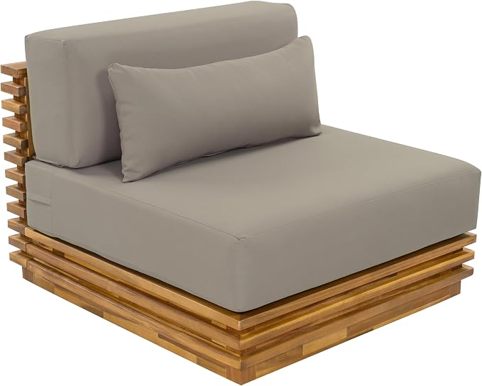 Christopher Knight Home Oversized Outdoor 2 Piece Chat Set Acacia Wood Patio Club Chair and Side Table Natural Finish Water Repellent Cushions Deep Seat Patio Furniture Set Beige