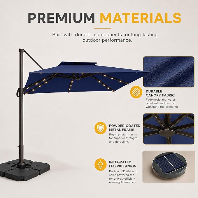 10FT Cantilever Patio Umbrella with Solar Lights, Large Outdoor 2 Tier Aluminum Offset Square Umbrellas 360 Degree Rotation for Garden Deck Pool