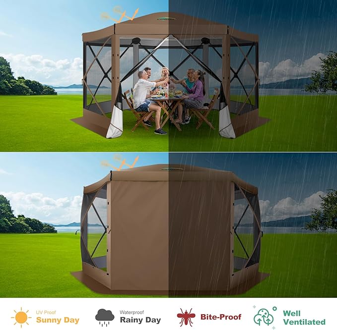 COBIZI 12x12 FT Pop Up Canopy Extendable Tent, Gazebos On Clearance with Removable Roof,Screened in Gazebo,Screen Tents Portable carpas para Patio for Outdoor Camping,Backyard, Garden,Brown(Upgraded)