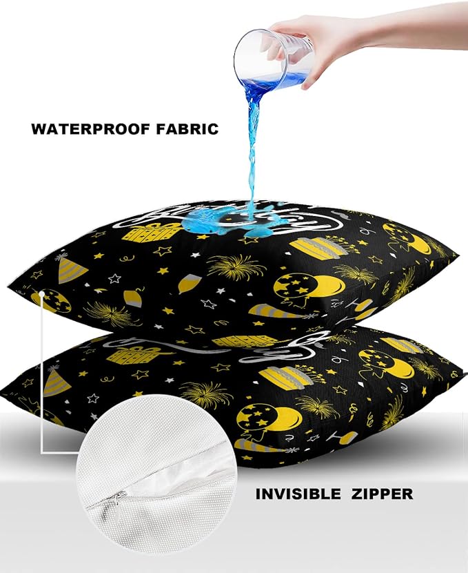 Prime Leader Outdoor Waterproof Pillow Covers Set of 2, Happy Birthday Cake Firwoks Black Patio Throw Pillow Covers, Decorative Cushion Case for Couch Sofa Furniture Garden, 20x20 Inch