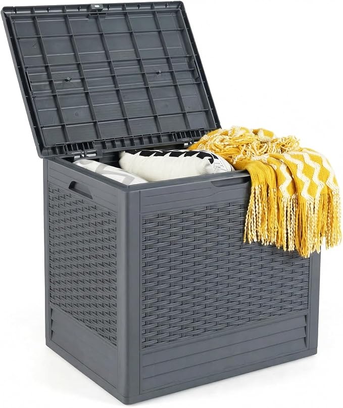 Giantex 25 Gallon Outdoor Storage Box, PP Deck Container with Rattan Patterns & Lockable Lid, All-Weather Patio Plastic Storage Bin for Package Delivery, Garden Tools, Patio Cushions (Grey)
