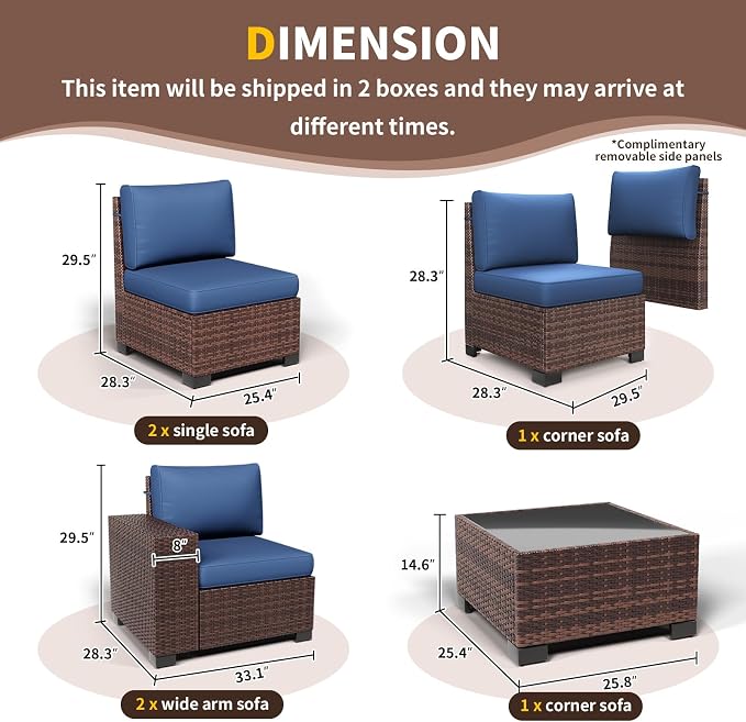 Outdoor Patio Furniture Set, 8'' Wide armrest Outdoor Sectional Rattan Sofa Set, Wicker Patio Furniture Sets w/Coffee Table,Thick Cushions and Cover for Porch, Balcony,Deck 6 PCS(Brown&Navy)