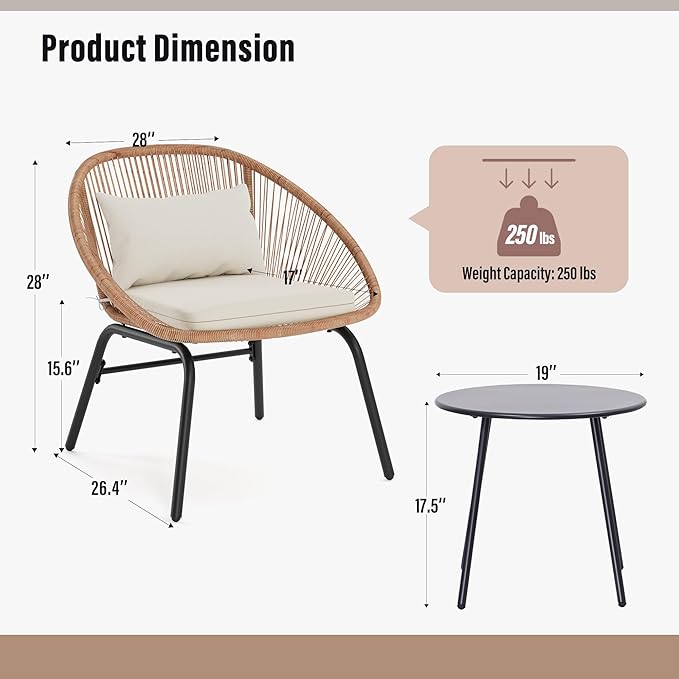 LAUSAINT HOME 3-Piece Outdoor Patio Set, All-Weather Wicker Rattan, Conversation Bistro Set with 2 Deep Seating Chairs & Coffee Table for Garden, Deck, Balcony, Porch, Backyard (Synthetic, Waterproof)