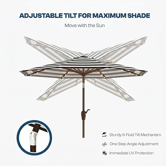 10FT Solar Patio Umbrella with Lights, Outdoor Table Market Umbrella with 32 LED Lights, 8 Sturdy Ribs, Push Button Tilt and Crank for Pool, Deck and Garden, UV-Resistant