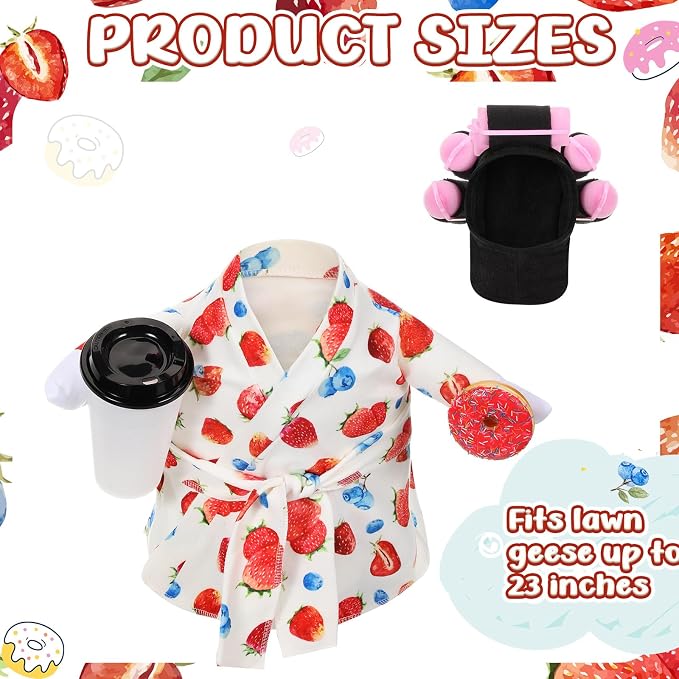 Shyyween Summer Lady Porch Goose Outfit for 23 Inch Cement Plastic Goose Statue Clothes Strawberry Blueberry Bathrobe Coffee Cup Curlers for Outdoor Decoration