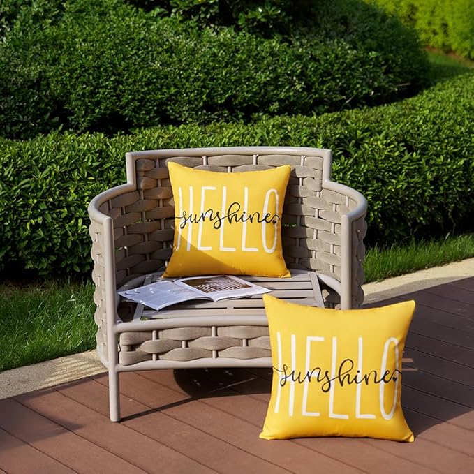 DFXSZ Yellow Outdoor Waterproof Pillow Covers 20x20 Set of 2 | Hello Sunshine Decor Spring Summer Polyester Pillow Covers(NO INSERTS)| Decor for Patio Funiture Garden Sofa Couch