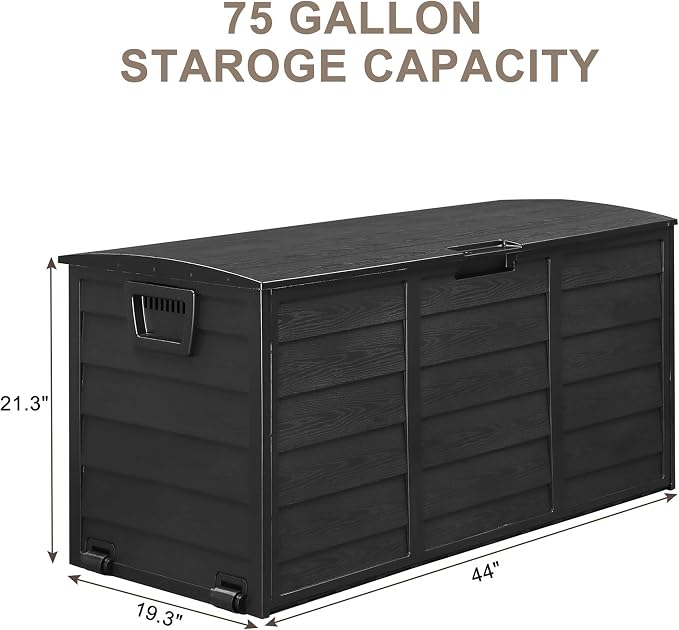 75 Gal Storage Bin Extra-Deep Weatherproof with 2 Wheels & Lock Hasp - 44"W Large Capacity Box for Garden Equipment, Cushions, Outdoor Toys | Durable Black Polypropylene Construction, Padlock Not Inc