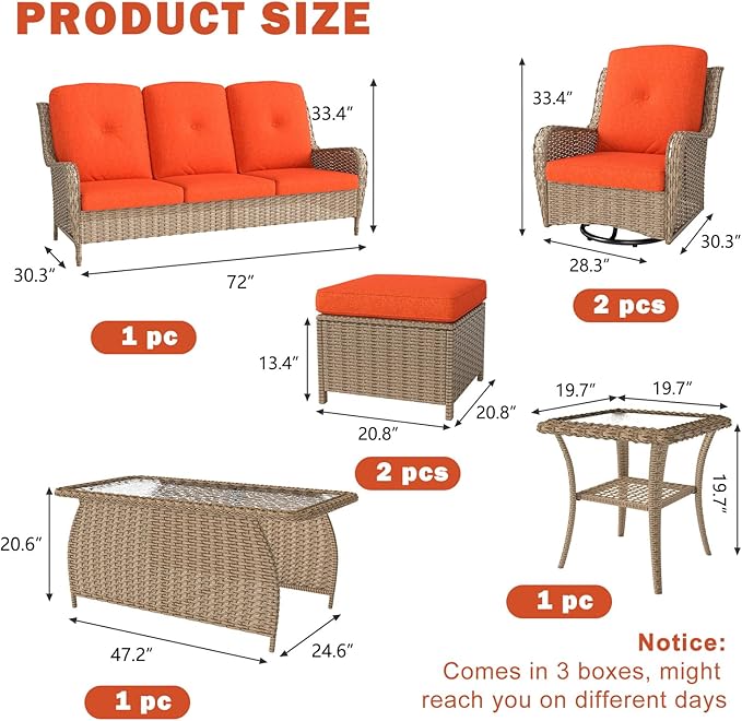 Kinsuite 7 PCS Patio Furniture Set, Outdoor Conversation Sets with Swivel Chairs & Ottomans, All-Weather Wicker Light Brown Sectional Sofa with Thicken Cushions for Garden, Lawn, Backyard, Orange