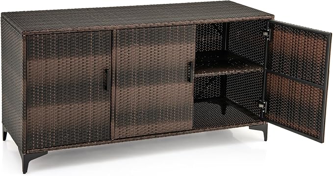 HAPPYGRILL Outdoor Rattan Wicker Deck Box Storage Cabinet, Patio Storage Container with 3 Doors and Removable Shelves, for Backyard Garden Poolside, 84 Gallon