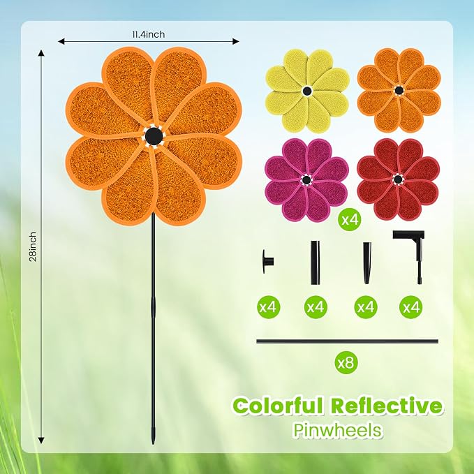4PCS 11.4" W x 28" H Reflective Pinwheels Sparkly Lawn Wind Spinners Colorful Rainbow Windmill for Garden Decoration Bird Devices Deterrent to Scare Birds Away (Multicolor-1 Four Colors)