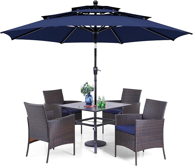 PHI VILLA 5pc Patio Dining Set with Umbrella, Square Table, Rattan Chairs | Outdoor Dining Set for 4, 37" Metal Table & 4 Cushioned Rattan Chairs with Blue Umbrella for Outdoor, Deck, Yard, Porch