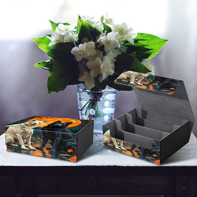 Large Card Deck Box for MTG, Fits 1200+ Sleeved Cards, PU Leather Storage Case with Strong Magnetic Closure, Multiple Colors for TCG CCG Baseball Card Collections, Black White Wolf