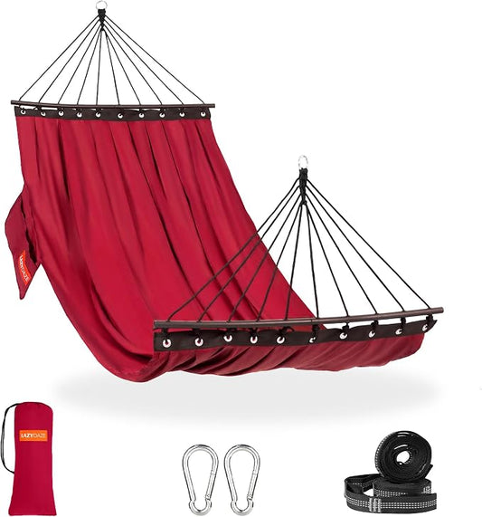 Lazy Daze Hammocks Camping Hammock with Curved Spreader Bar, Portable Hammock with Tree Straps, Carrying Bag, Carabiners for Outside, Hiking, Outdoors, 450lbs Capacity, Red