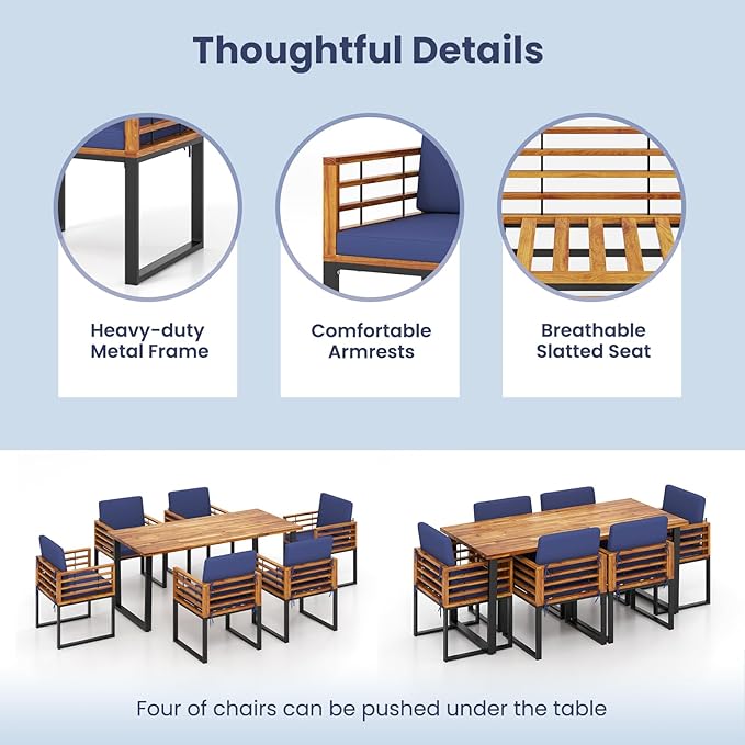 Tangkula 7 Piece Patio Dining Set, Acacia Wood Dining Chair & Table Set, 69” Spacious Tabletop with Umbrella Hole, Heavy-Duty Metal Support, Dining Set for Backyard, Poolside
