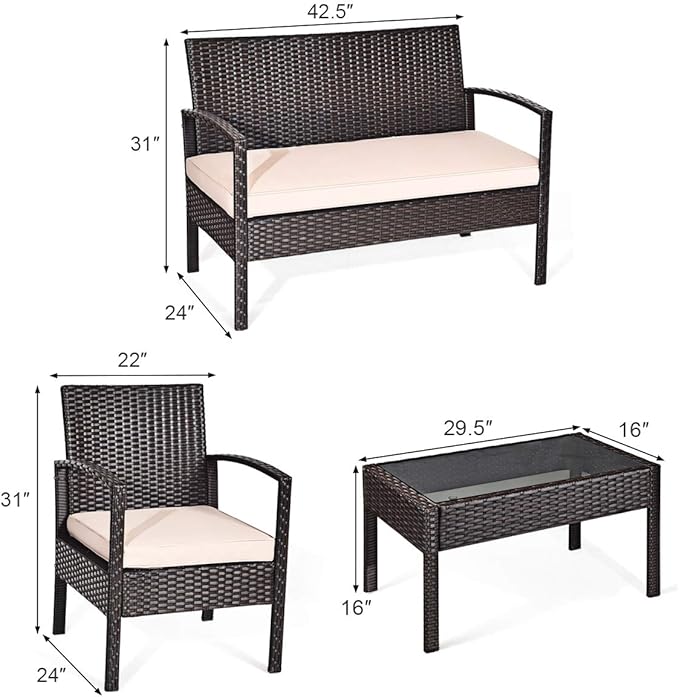 COSTWAY 4 PCS Patio Rattan Conversation Furniture Set Cushioned Seat Glass Tabletop