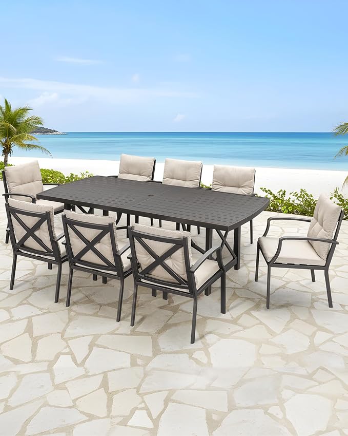9 Pieces Outdoor Patio Dining Set, Never Rusts Aluminum Patio Table and Chairs Set, 8 Person Outdoor Dining Table Set Patio Furniture Set for Garden, Backyard, Deck, Gunmetal