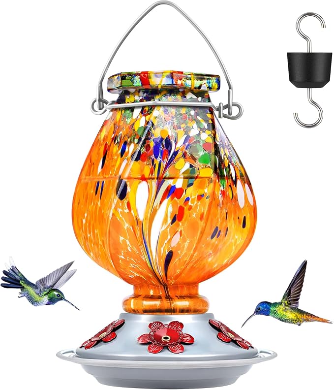 BOLITE Hummingbird Feeder, Hand Blown Glass Hummingbird Feeders for Outdoors Hanging with Ant Moat, 5 Bee-Proof Ports, Leak-Proof, 360° Perch, 22oz, Orange, Gifts for Women Men, Gifts for Mom Dad