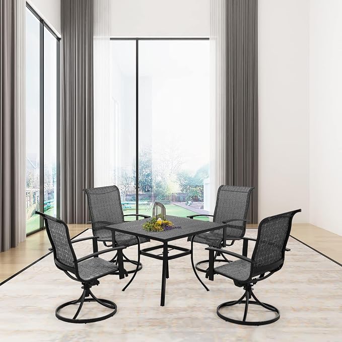 Grand patio Outdoor Dining Set of 5, Outdoor Table and Chairs Set, 4 Padded Mesh Sling Swivel Rocker Patio Chair & 36'' x36'' Square Dining Table(1.5'' Umbrella Hole), Black & Grey Plaid