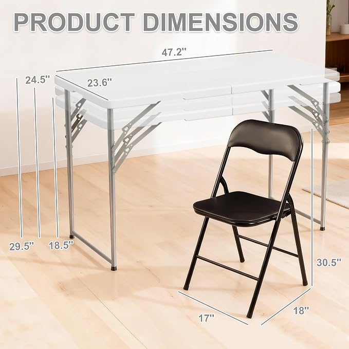 Elevon Folding Table Set with 2 Black Folding Chairs,4 Feet Heavy Duty Fold-in-Half Utility Table Sets for Picnic, Event, Training, Outdoor Activities, at Home and Commercial Use