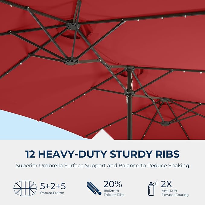 HOMSHADE Double Sided Patio Umbrellas - 15ft Solar Lights LED Lighted Outdoor Extra Large Market Table Umbrella with Base Included, Oversized Umbrella for Deck, Pool, Backyard
