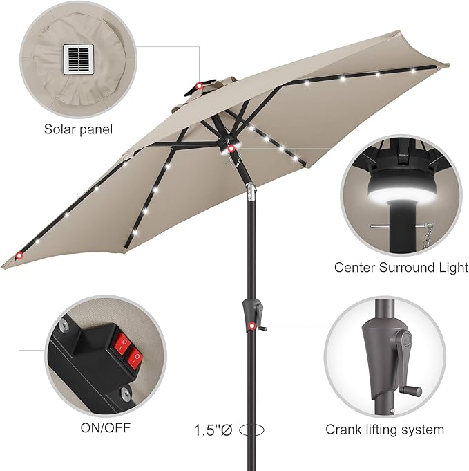 10ft Solar Patio Umbrella - Outdoor Umbrella with Centre Surround Light 24 LED Lights, Market Table Umbrella with Tilt for Pool, Porch, Garden, Deck, Backyard UV Protection (Taupe)