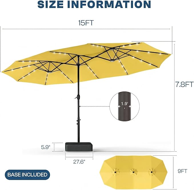 15FT Large Outdoor Patio Umbrella with Solar Lights and Base, Double-Sided Table Umbrellas with 48 LED Lights, Rectangle Market Umbrella for Pool, Deck, Backyard