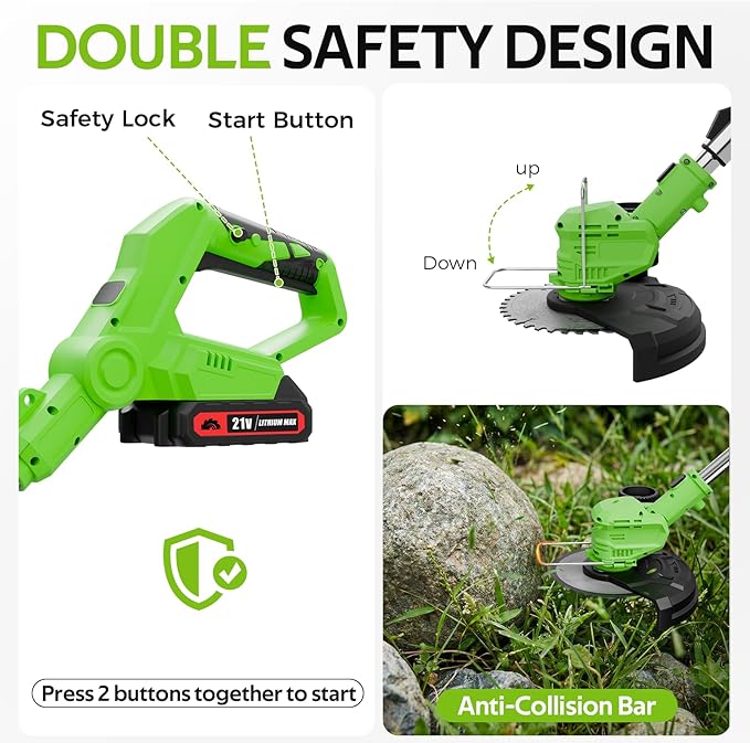 Cordless Weed Wacker, 21V Lightweight Electric Trimmer Battery Powered (Includes 2 x 21V Batteries & Charger) Grass Trimmer/Brush Cutter/Lawn Edger Featuring for Yard Garden Lawn Care
