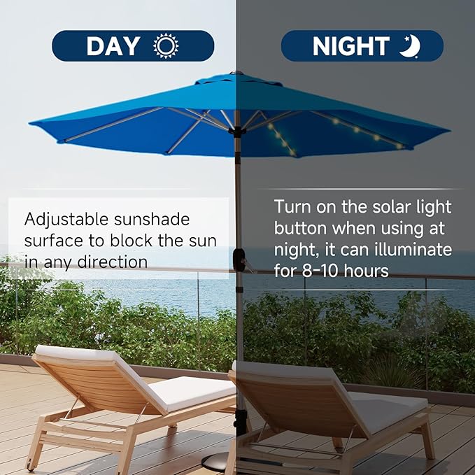 9FT Aluminum Patio Umbrella with 40-LED Solar Lighted, Fade-Resistant Outdoor Market Table Umbrella with Push Button Tilt Function, 8 Sturdy All-Aluminum Ribs for Gardens, Decks, Backyards & Pools