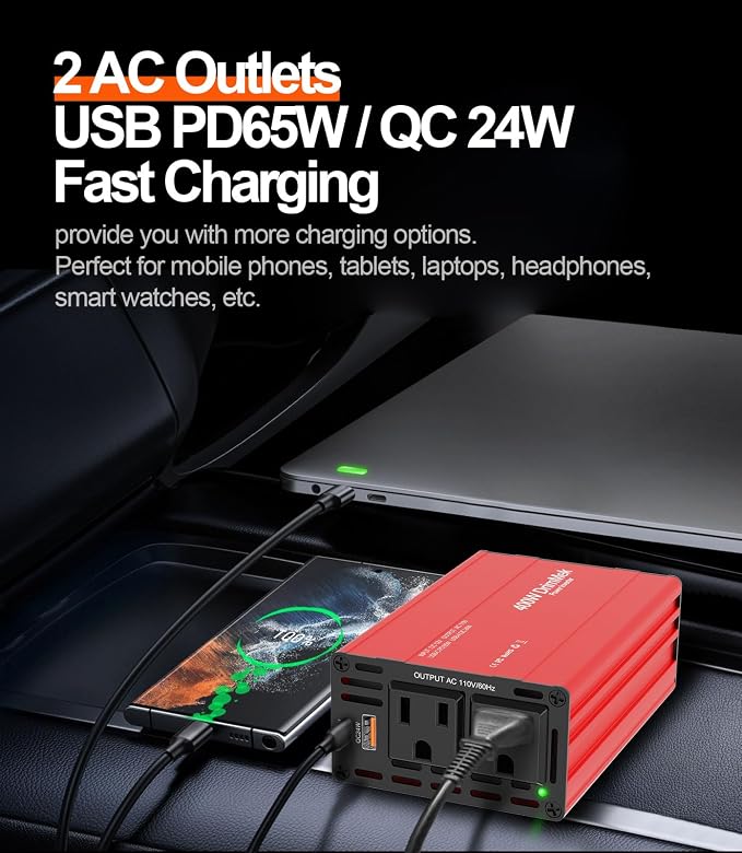 400W Car Power Inverter for Vehicles｜24W+65W USB C,12V DC to AC | 65w Fast Charger,2 AC Output,Aluminum alloy casing