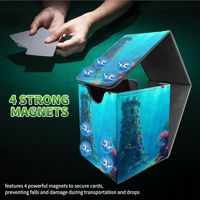 Underwater Castle Card Deck Box for MTG, Personalized Card Storage Case Fits 120+ Sleeved Cards, Premium Leather TCG Box with Strong Magnetic Closure for Magic, CCG, PTCG, Baseball Cards
