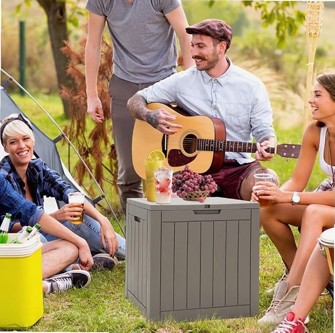 Light Brown 30-Gallon PP Woodgrain Deck Box Outdoor Storage Seat with Waterproof Lid, 22x17x21in for Patio