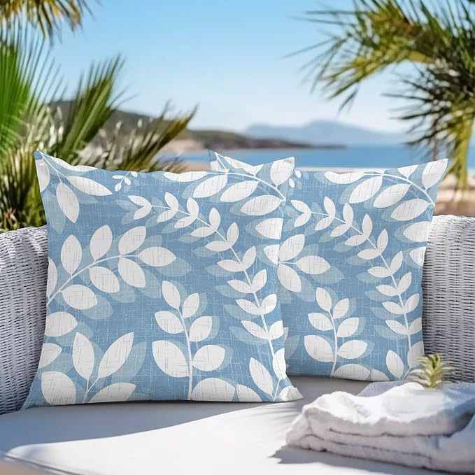 Sky Blue Leaves Outdoor Waterproof Throw Pillow Covers 20x20 Set of 2, Farmhouse Botanical Branch Vintage Boho Leaf Decorative Pillowcases Cushion Pillowcase for Couch Sofa Patio Pillow Protector