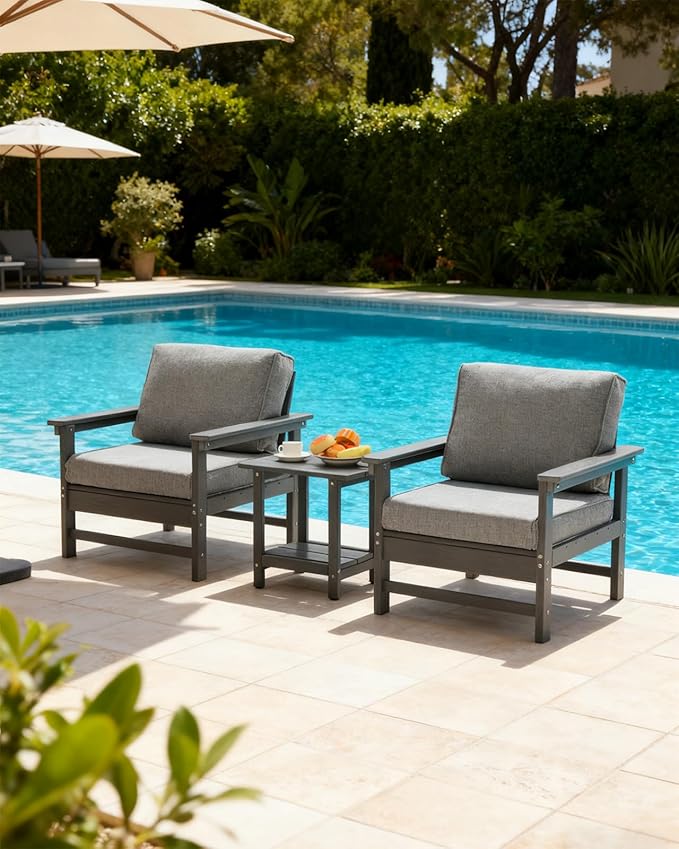 HDPE Outdoor Patio Bistro Set with Cushions, 3 Piece Patio Conversation Set Sofa Set,All Weather Outdoor Couch Set with Coffee Table for Lawn, Garden, Deck