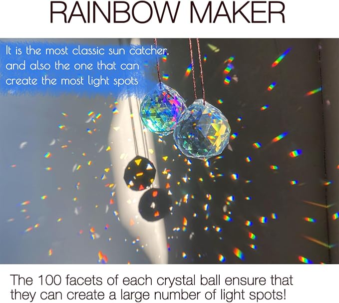 2PCS Ball Crystal Suncatcher Prisms for Windows (Ball ABColor) | AB Color, Transparent, K9 Glass, Rainbow Maker, with Hooks & Cord