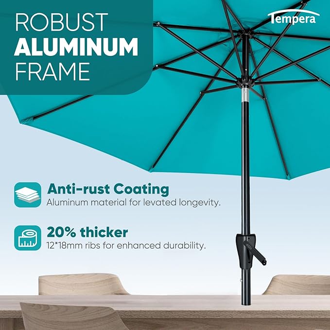 Tempera Patio Market Outdoor Table Umbrella with Auto Tilt and Crank, Large Sun Umbrella with Sturdy Pole & Fade Resistant Canopy, Easy to Set