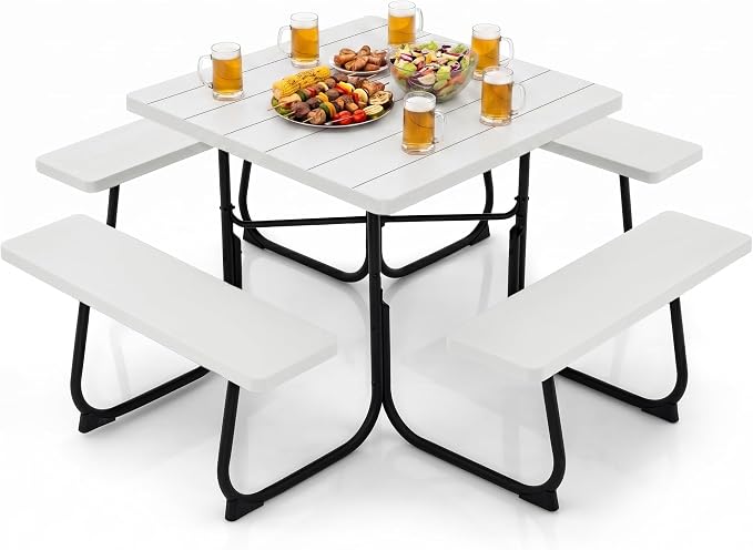 POWERSTONE Picnic Tables with Benches for 8, Outdoor HDPE Picnic Table with Umbrella Hole, Heavy Duty 35" Portable Dining Set Camping Table for Backyard, Patio, Park(White)