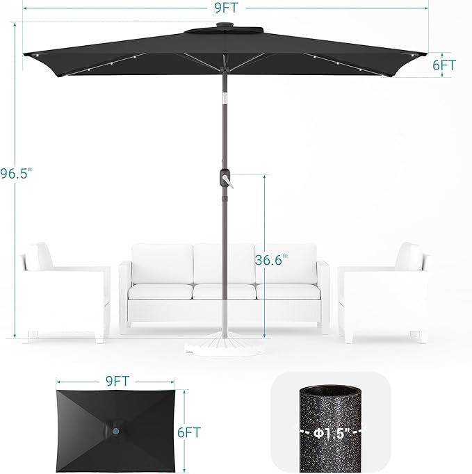Rectangle Patio Umbrella with Solar Lights, 6x9ft Outdoor Rectangular Table Market Umbrella Patio with Push Button Tilt and Crank for Pool, Deck, Garden,Backyard