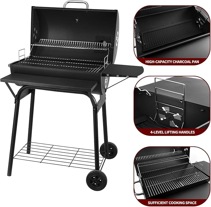 Charcoal Grill Outdoor BBQ Grill 30INCH Barrel Charcoal Grills with Side Table, 627 Square Inches, Outdoor Backyard Camping Picnics, Patio and Parties, Black by DNKMOR