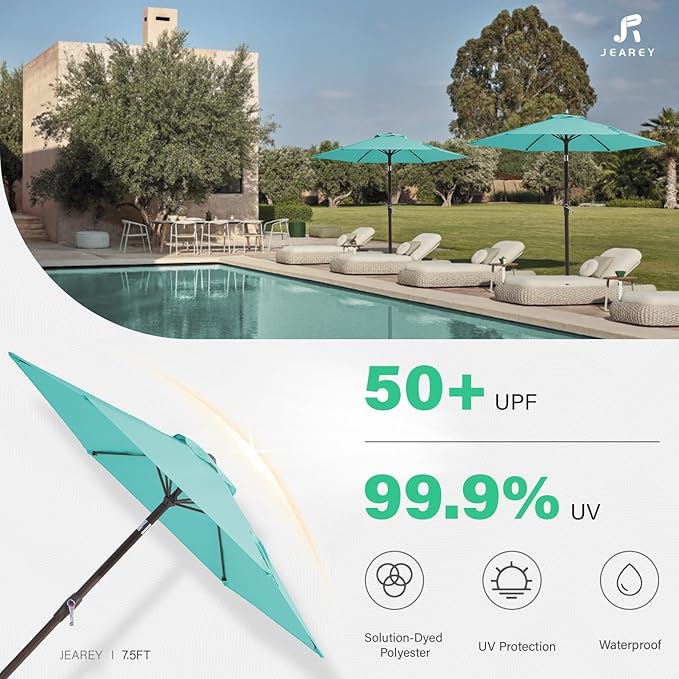 JEAREY 7.5FT Patio Umbrella Market Table Umbrella with 6 Sturdy Ribs, Push Button Tilt/Crank Outdoor Umbrella for Garden, Deck, Backyard, Pool, Peacock Blue
