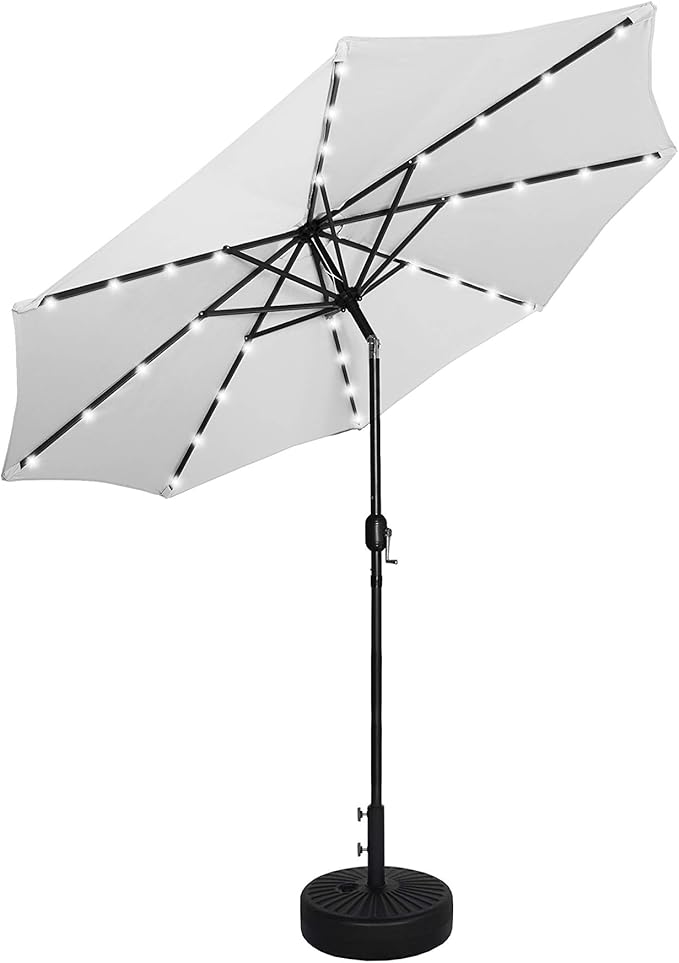WO Home Furniture 9 Ft Patio Solar Power LED Lights Market Umbrella with Black Color Round Free Standing Weight Base kit, White