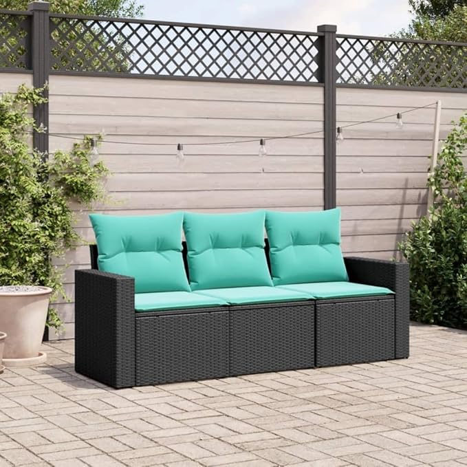 3 Piece Patio Sofa Set with Cushions, Porch Furniture Set Front Porch Furniture Patio Conversation Set Sectional Sofa for Piazza Negotiation Area Garden Poolside Black Poly Rattan