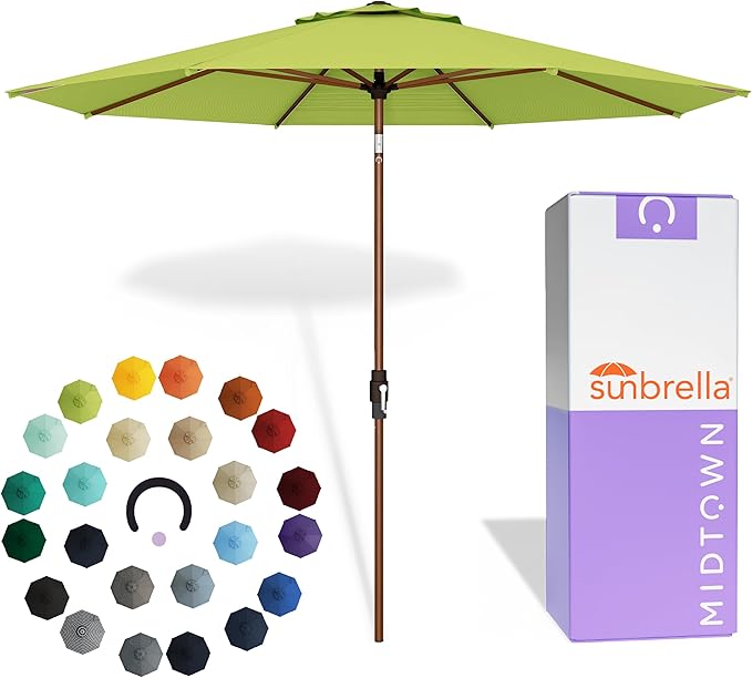 Midtown Umbrellas Wooden 2-8 Ft Patio Umbrella with 360° Swivel & Tilt Mechanism, 8 Fiberglass Ribs & Sunbrella Fabric - Outdoor Umbrella for Deck, Pool & Garden - Burgundy Canopy, Wooden Pole