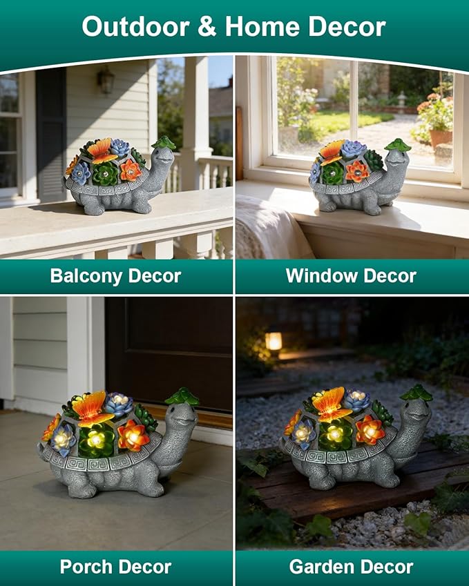 Solar Turtle Garden Statue with Butterfly, Succulent & LED Lights, Lawn Ornament for Yard Patio Porch Balcony, Outdoor Decor Figurine - Gifts for Mom Grandma Women