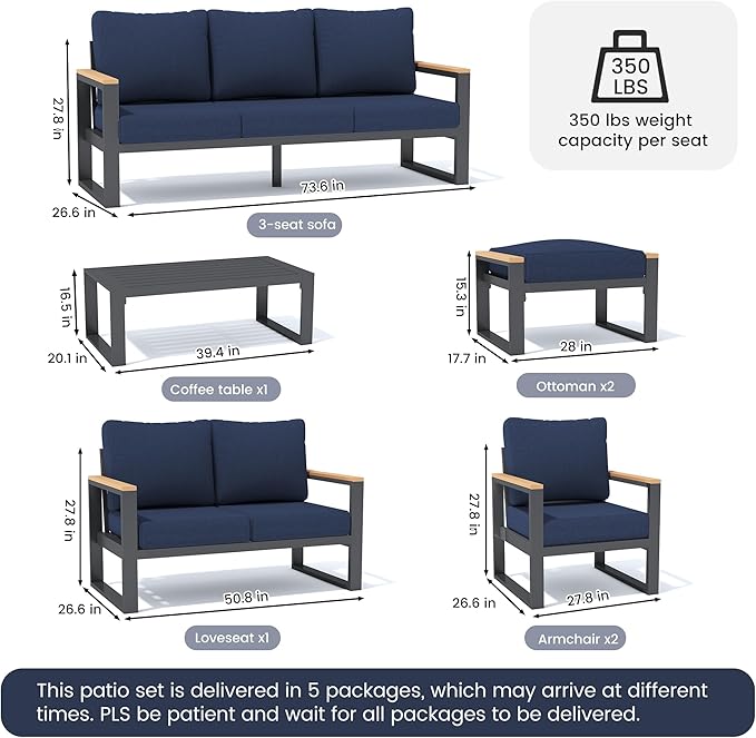Sundale Outdoor Aluminum Patio Furniture Set, 7 Piece Outdoor Conversation Sets with Coffee Table, Ottoman and Washable Thick Cushions, All Weather Outdoor Sectional Set for Deck, Lawn (Navy Blue)