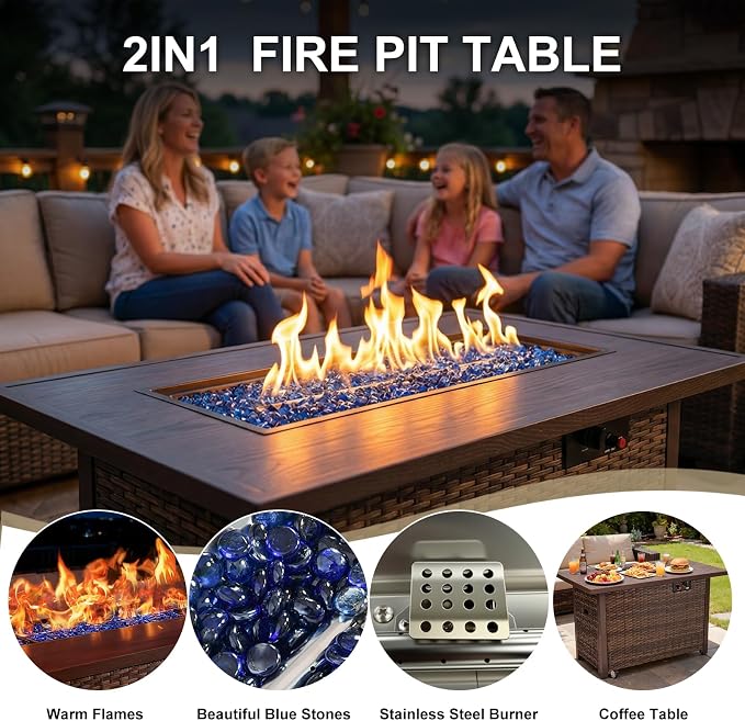 5 Pieces Patio Furniture Set with Fire Pit Table, Outdoor PE Rattan Sectional Sofa with Soft Cushions for Backyard, Porch, and Poolside (Red, 5 PCS w/Firepit)