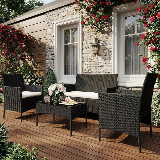 4PCS Outdoor Patio Bistro Set, PE Rattan Wicker Armchairs, Black/Beige