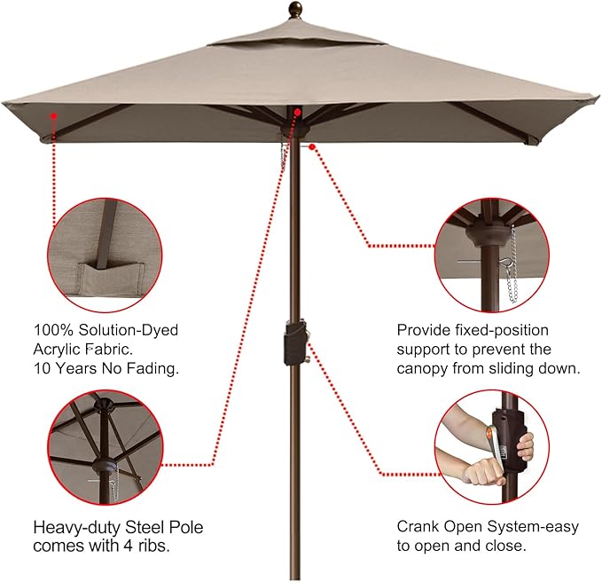 EliteShade USA 10-Year-Non-Fading 6x6Ft Square Market Patio Umbrella, UPF 50+ UV Protection Performance Sun Umbrella, Heavy Duty Commercial Grade Outdoor Table Umbrella with Crank, Windproof Vented Top for Garden, Pool, Deck and Outdoor Playsets, Mushroom