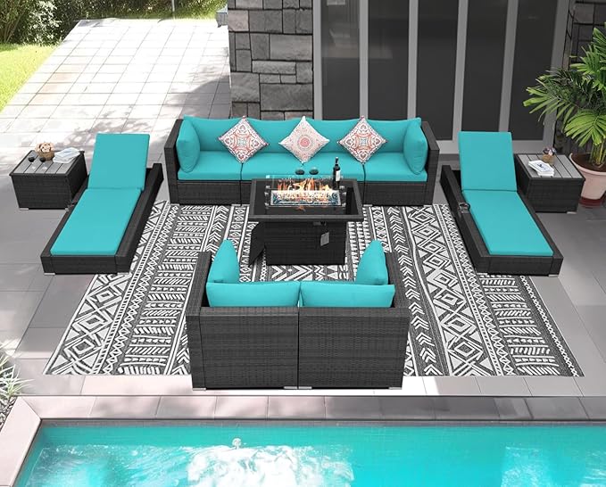 NICESOUL 11 Piece Sectional Patio Set with Loungers, Backyard Seating with Firepit, Comfy 29.3'' High-Back Deep Outdoor Couch Sofa, Heavy Duty All-Weather Wicker Furniture for Exterior, Grey & Teal