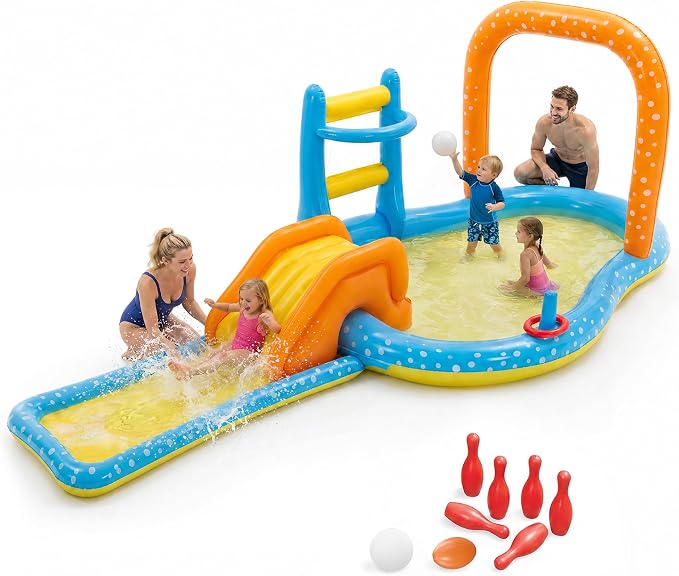 Inflatale Kiddie Pool with Slide, 131.8" Kids Water Play Center with Splash Pool, Outdoor Backyard Water Toy for Summer Fun, Blue & Orange