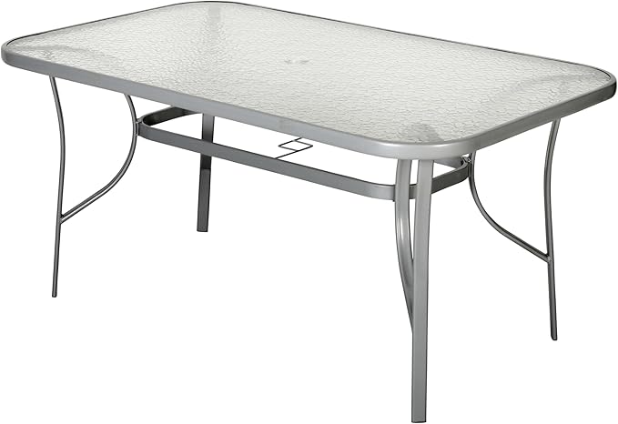 Flash Furniture Tory Rectangle Patio Table with Umbrella Hole, Commercial All-Weather Table with Heat Resistant Tempered Glass, Steel Tube Frame, 35x 59, Silver